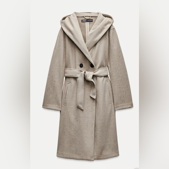 Zara Ecru Taupe Knit Hooded Belted Winter Coat - Picture 15 of 16